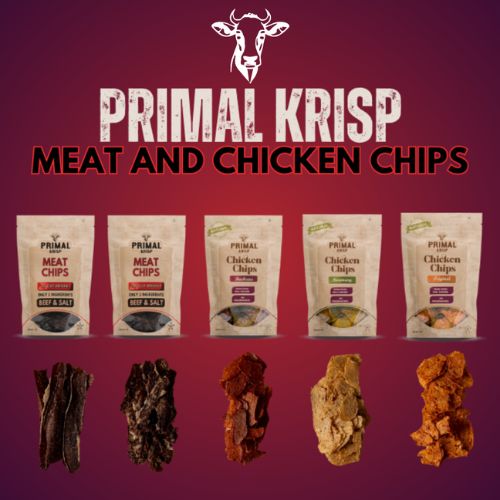 Primal Krisp meat and chicken snack chips lineup – beef and chicken crisps shown below packaging bags on a bold red background, perfect high-protein kosher snack visual