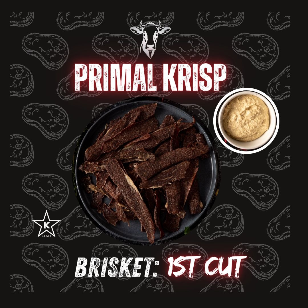 Kosher carnivore snack pack with brisket crisps on a wood cutting board