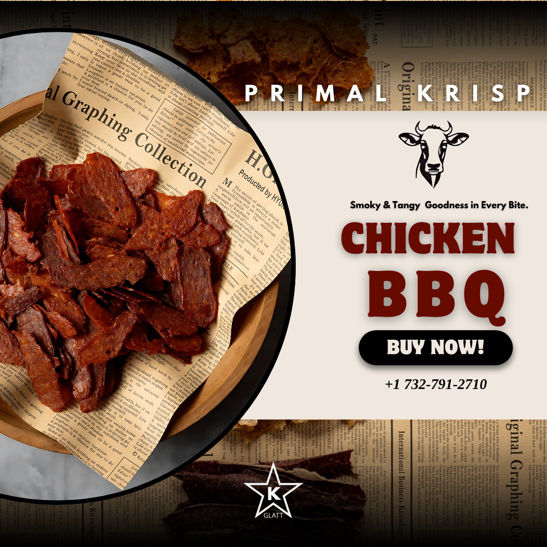 Premium kosher beef and chicken snacks displayed with packaging and clean ingredients—Primal Krisp high-protein snack lineup
