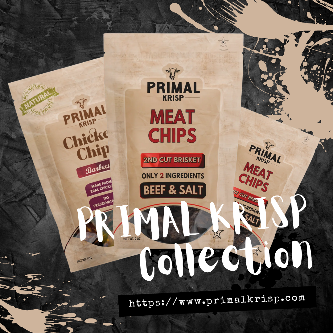 Kosher carnivore diet snacks by Primal Krisp – beef and chicken meat chips displayed with clean ingredients, ideal for low-carb, high-protein lifestyles