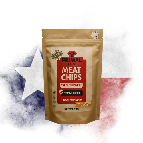Primal Krisp Texas Heat 1st Cut Brisket Chips – bag of kosher-certified, high-protein meat chips made with real brisket and bold, savory spices.