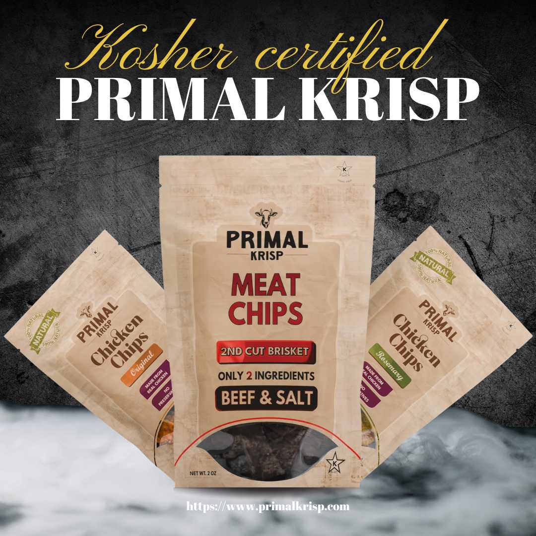 Premium kosher beef and chicken snacks displayed with packaging and clean ingredients—Primal Krisp high-protein snack lineup