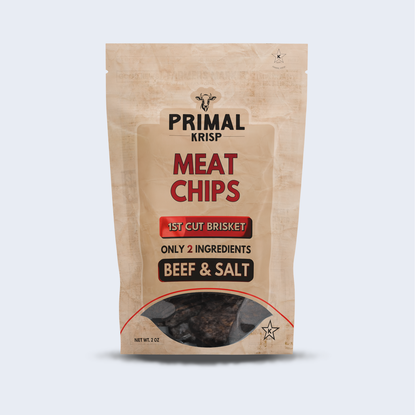 Primal Krisp Brisket 1st Cut Meat Chips – pure beef and salt snack in minimalist kraft pouch packaging