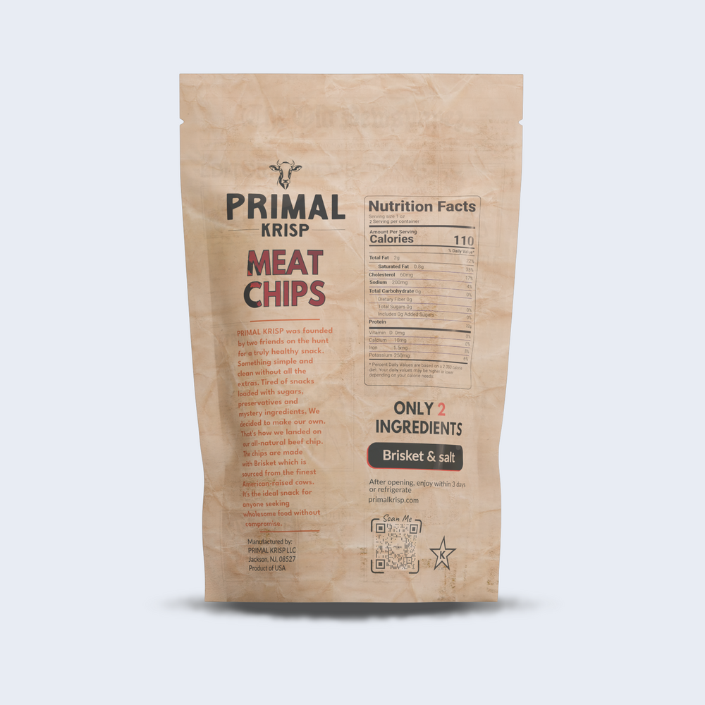 
                  
                    Primal Krisp Brisket 1st Cut back label – showcasing clean nutritional facts and all-natural claims
                  
                