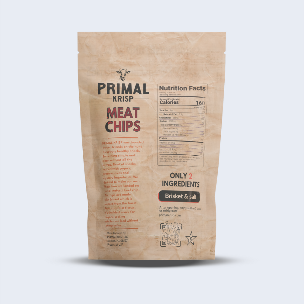 
                  
                    Back of Primal Krisp Brisket 2nd Cut beef chip packaging – clean ingredients and nutritional highlights shown
                  
                