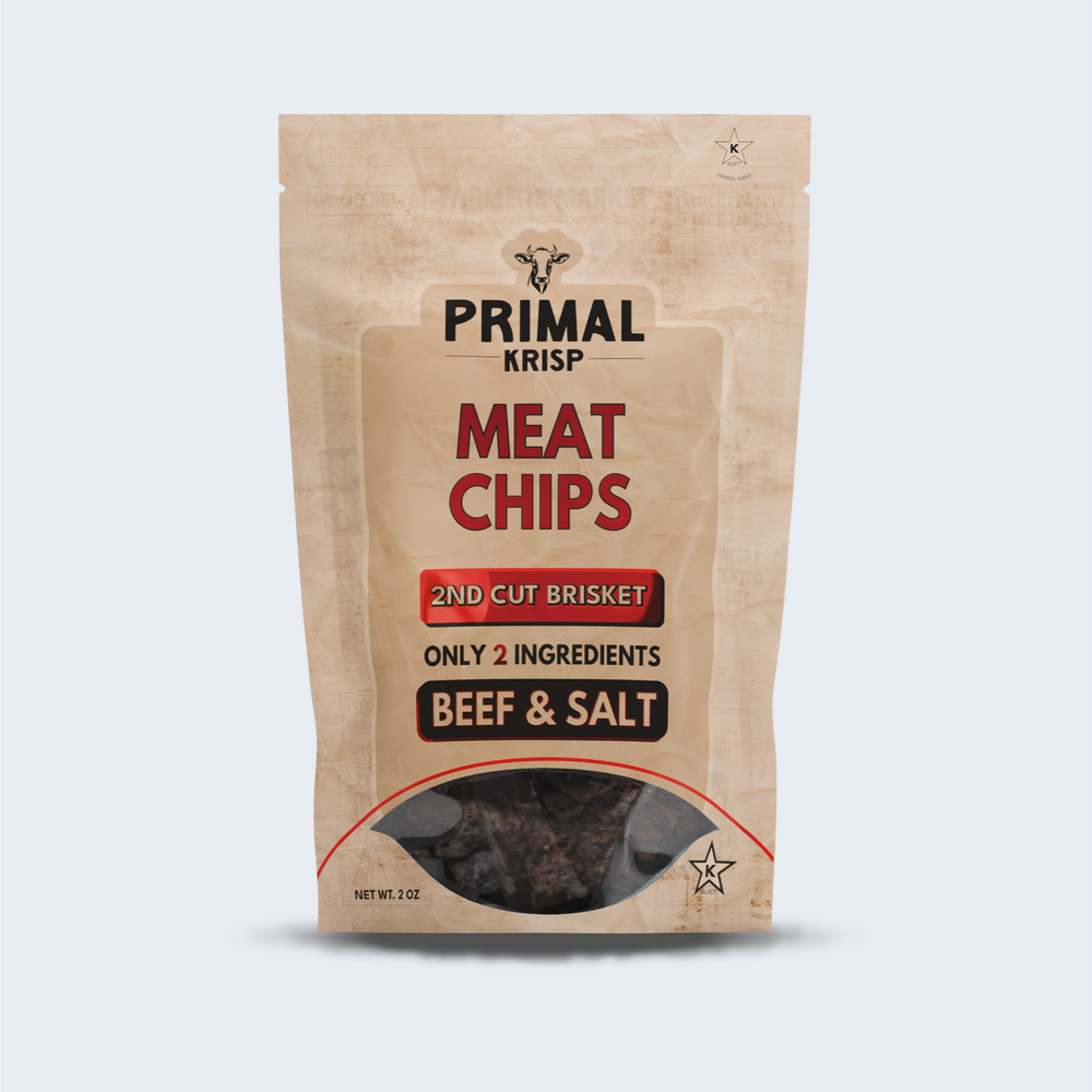 Primal Crisp Brisket 2nd Cut Beef Chips – bold protein snack with salt, packed in resealable craft bag