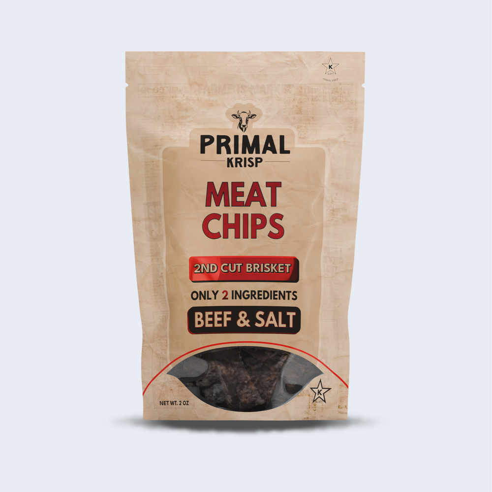 Primal Crisp Brisket 2nd Cut Beef Chips – bold protein snack with salt, packed in resealable craft bag