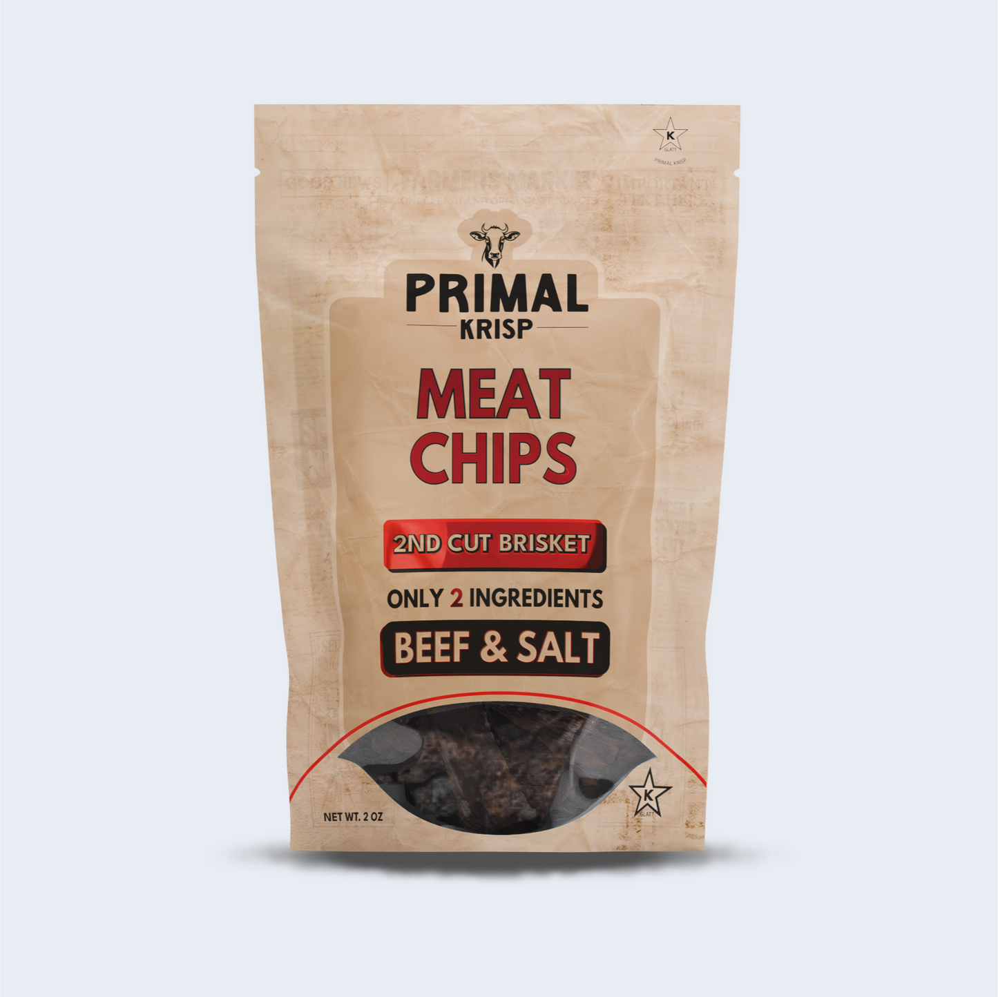 Primal Crisp Brisket 2nd Cut Beef Chips – bold protein snack with salt, packed in resealable craft bag