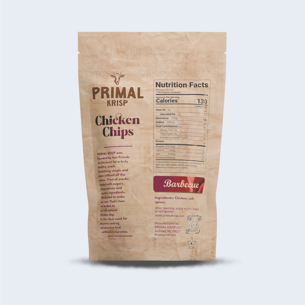 
                  
                    Back label of Primal Krisp BBQ Chicken Chips showing clean ingredients, nutritional details, and flavor profile
                  
                
