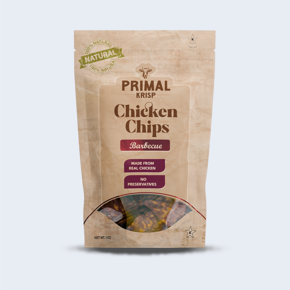 Primal Krisp BBQ Chicken Chips in resealable kraft pouch – bold smoky flavor, protein-packed and gluten-free
