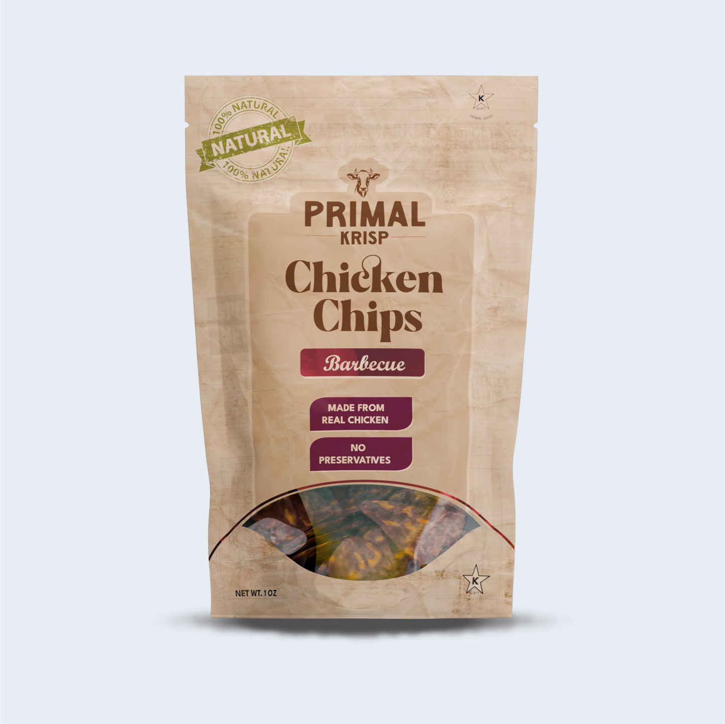 Primal Krisp BBQ Chicken Chips in resealable kraft pouch – bold smoky flavor, protein-packed and gluten-free