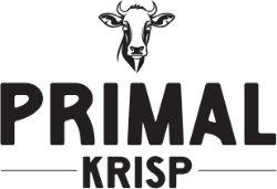 Primal Krisp logo with goat icon above background of crispy beef snacks – clean-label kosher meat snack brand focused on high-protein real food