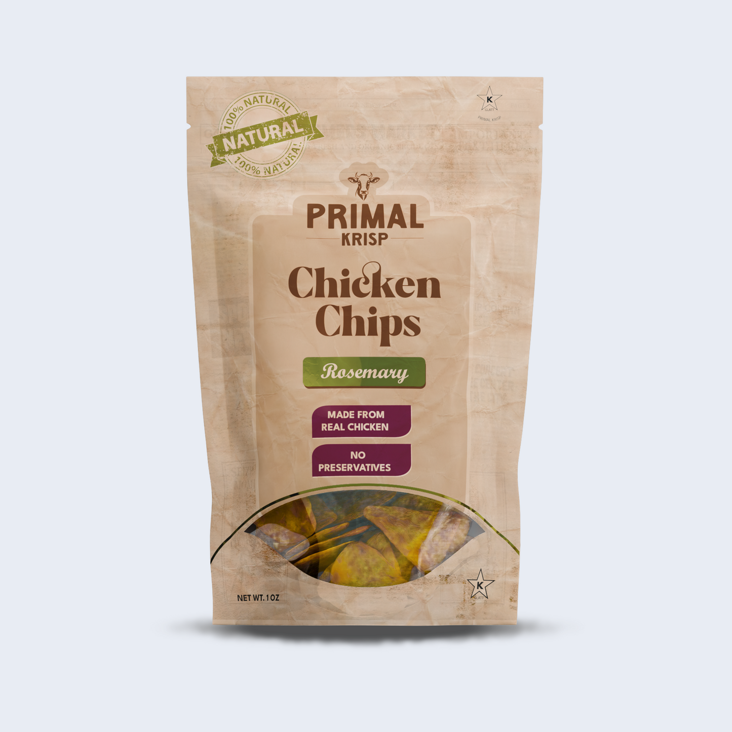 Primal Krisp Chicken Chips Rosemary flavor – clean, high-protein snack in branded packaging