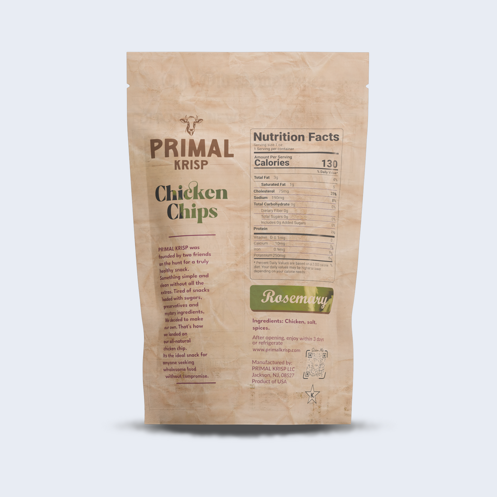 
                  
                    Back of Primal Krisp Chicken Chips Rosemary flavor – ingredient list and product details visible
                  
                